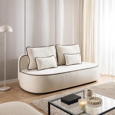 Sofa z funkcją spania i pojemnikiem Bali jasna tkanina pluszowa, ozdobna lamówka