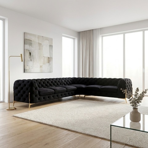 Duży narożnik czarny Chesterfield na nóżkach pikowany do salonu TEO HIGH 3+E+2