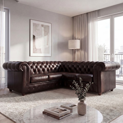 Narożnik pięcioosobowy z funkcją spania pikowany Chesterfield SOLARIS 2+E+2