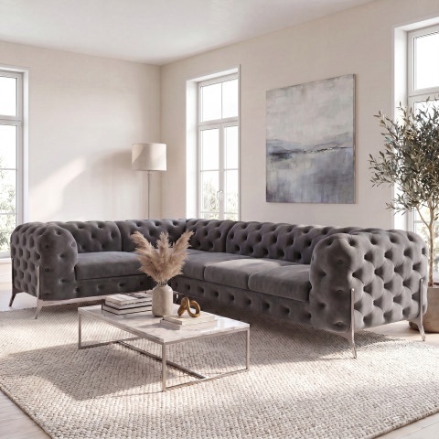 Narożnik pięcioosobowy luksusowy pikowany Chesterfield TEO HIGH 1+E+3