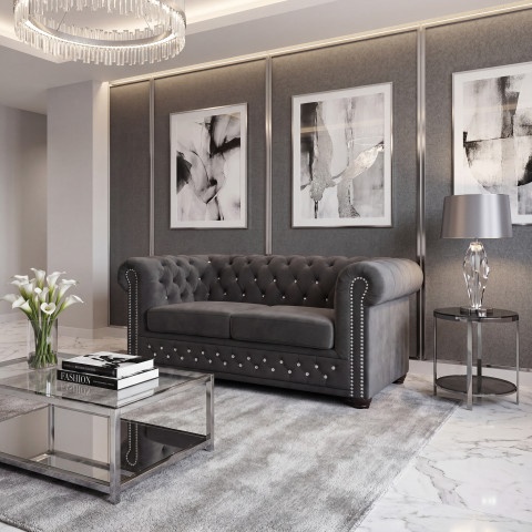 Chesterfield FELIX BLINK 2 szara – elegancka sofa 2-osobowa z kryształkami