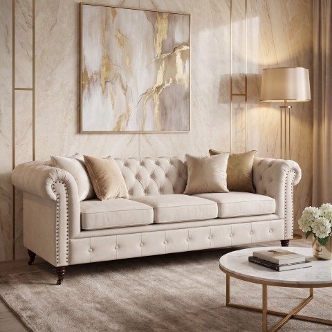 Sofa trzyosobowa z funkcją spania pikowana Chesterfield VINCENT
