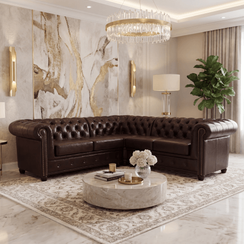 Narożnik pięciosobowy z funkcją spania pikowany glamour Chesterfield FELIX 2+E+2