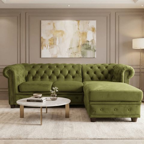 Narożnik pikowany Chesterfield zielony welurowy FELIX 2+OT Tk. French Velvet 657