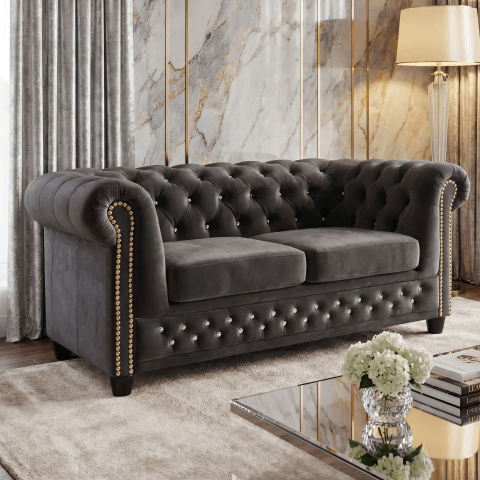 Sofa pikowana Chesterfield grafitowa z kryształkami FELIX BLINK 2