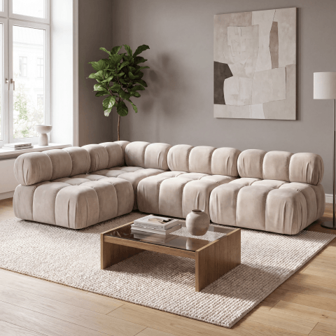 Narożnik modułowy Novanti 2 w kremowej, welurowej tkaninie, French Velvet 674