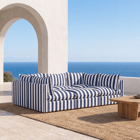 Duża sofa ogrodowa w paski Marvella 5 - niebieska modułowa outdoor