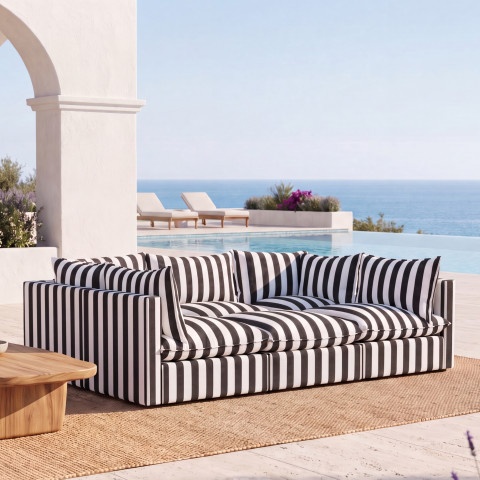 Sofa ogrodowa Marvella 5 w czarne pasy - duża sofa modułowa tkanina outdoor
