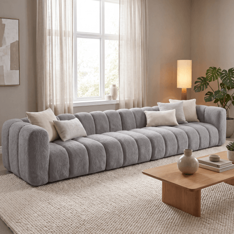 Nowoczesna jasnoszara sofa modułowa Velis 6-osobowa w tkaninie boucle