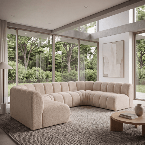 Wygodna 6-osobowa sofa Velis w kolorze beżowym, boucle