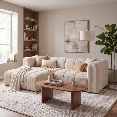 Stylowa sofa wypoczynkowa Velis 3-osobowa w tkaninie sztruks, kremowa