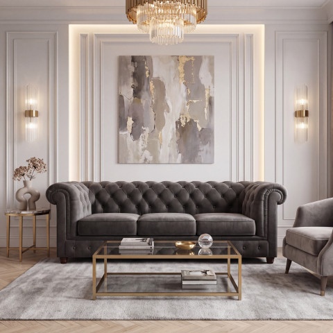 Miękka pikowana sofa SOLARIS 3 trzyosobowa z funkcją spania, szary welur