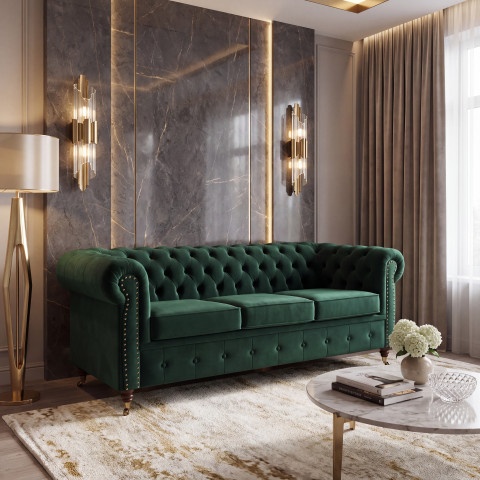 Stylowa sofa VINCENT trzyosobowa w zielonym welurze z funkcją spania