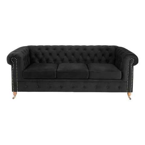 Pikowana sofa VINCENT 3-osobowa w czarnym welurze z funkcją spania