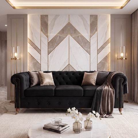 Pikowana sofa VINCENT 3-osobowa w czarnym welurze z funkcją spania