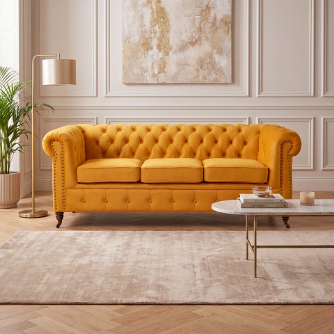 Miękka pikowana sofa VINCENT trzyosobowa z funkcją spania, żółty welur