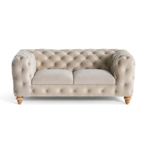Stylowa sofa TEO WOOD dwuosobowa w chłodnym beżu, welur