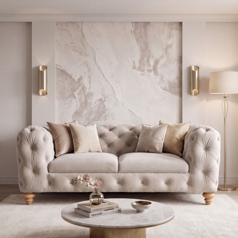 Stylowa sofa TEO WOOD dwuosobowa w chłodnym beżu, welur