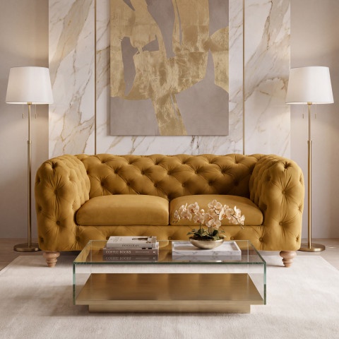 Sofa TEO WOOD 2-osobowa w stylu glamour, miodowy welur