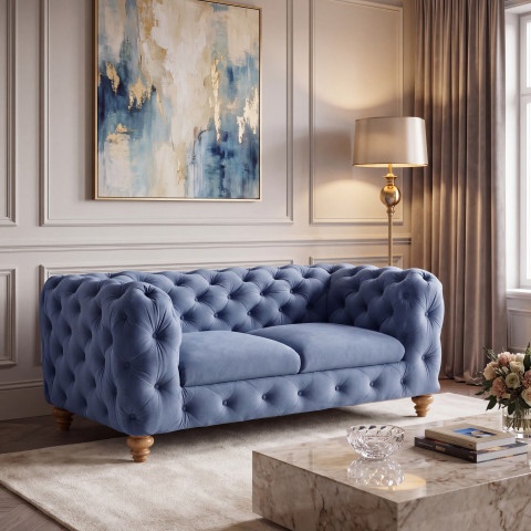 Wygodna sofa TEO WOOD Chesterfield dwuosobowa w niebieskim welurze