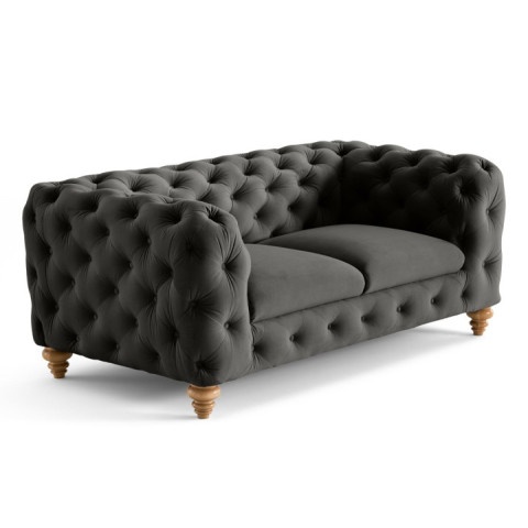 Miękka pikowana sofa TEO WOOD Chesterfield 2-osobowa welur szary