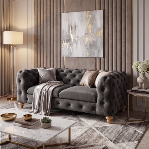 Miękka pikowana sofa TEO WOOD Chesterfield 2-osobowa welur szary
