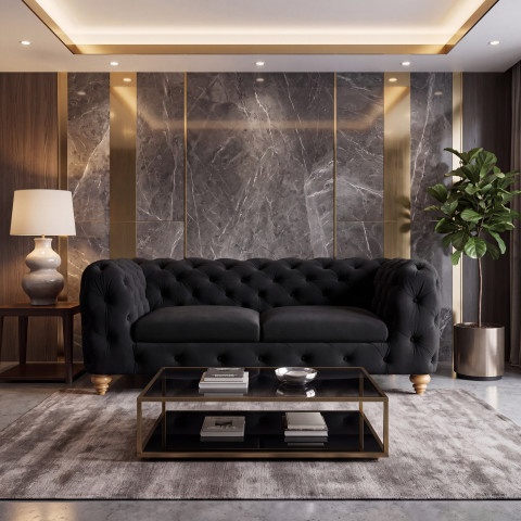 Pikowana sofa TEO WOOD Chesterfield w czarnym welurze