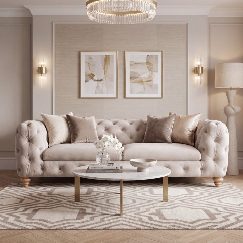 Elegancka sofa TEO WOOD trzyosobowa w chłodnym beżu, welur