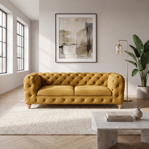 Luksusowa sofa TEO WOOD 3-osobowa na drewnianych nóżkach, miodowy welur