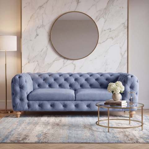Sofa do salonu TEO WOOD Chesterfield 3-osobowa welur niebieski