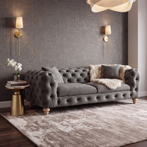 Pikowana sofa TEO WOOD Chesterfield w szarym welurze