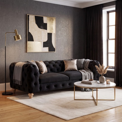 Wygodna sofa TEO WOOD trzyosobowa na drewnianych nóżkach w czarnym welurze