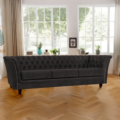 Pikowana sofa HASSO Chesterfield w czarnym welurze