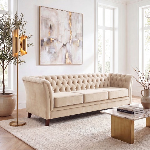 Miękka pikowana sofa HASSO trzyosobowa z funkcją spania welur kremowy
