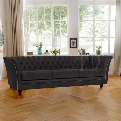 Pikowana sofa HASSO 3-osobowa z funkcją spania w czarnym welurze