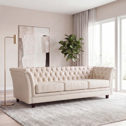 Miękka pikowana sofa HASSO trzyosobowa w chłodnym beżu, ekoskóra