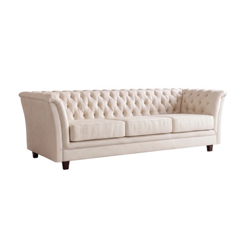 Miękka pikowana sofa HASSO trzyosobowa w chłodnym beżu, ekoskóra