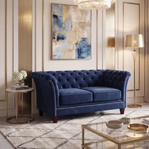 Mała pikowana sofa HASSO 2-osobowa w granatowym welurze