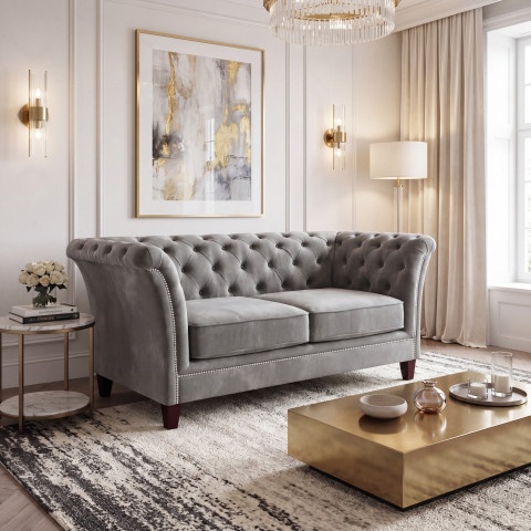 Luksusowa pikowana sofa HASSO 2-osobowa w popielatym welurze