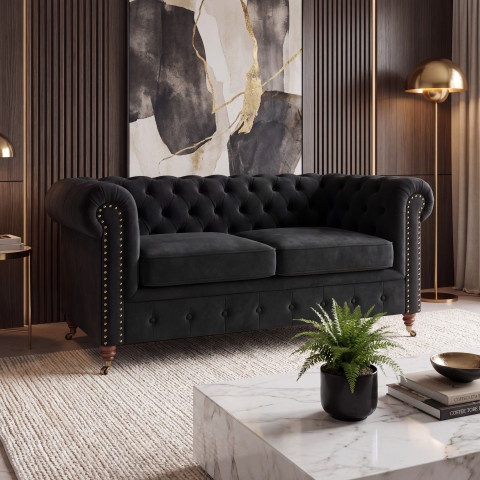Stylowa dwuosobowa sofa VINCENT pikowana Chesterfield czarna
