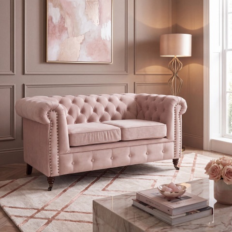Miękka pikowana sofa VINCENT 2-osobowa Chesterfield różowa