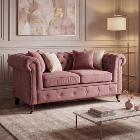 Glamour Chesterfield sofa VINCENT dwuosobowa pikowana w różowym welurze