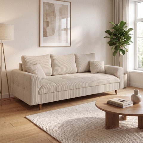 Elegancka sofa Laril trzyosobowa w kremowym sztruksie