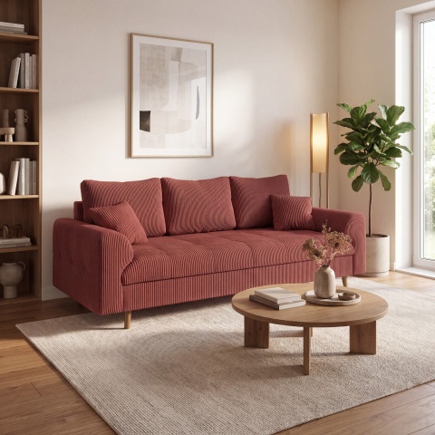 Komfortowa sofa Laril 3-osobowa na wysokich nóżkach w płowym sztruksie