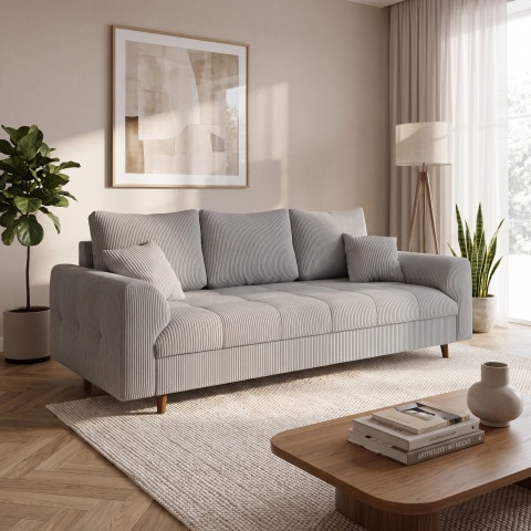 Wygodna sofa Laril trzyosobowa na wysokich nóżkach w szarym sztruksie