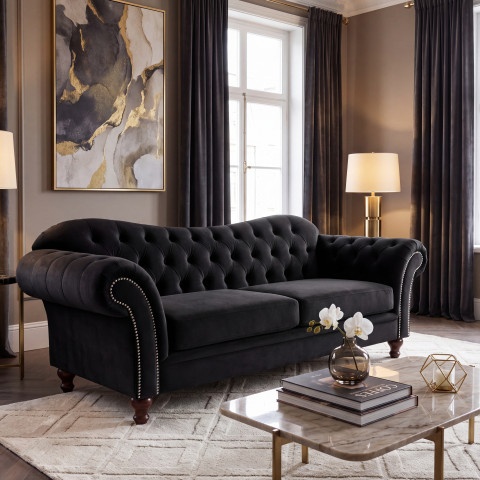 Pikowana sofa PARIS Chesterfield w czarnym welurze