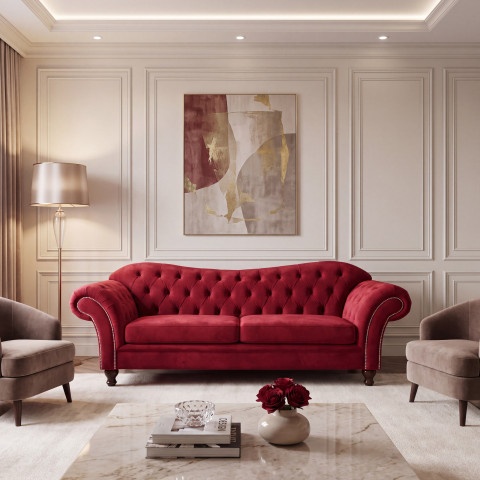 Elegancka pikowana sofa PARIS trzyosobowa w czerwonym welurze