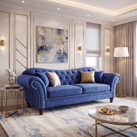 Kobaltowa sofa Chesterfield pikowana PARIS trzyosobowa z funkcją spania