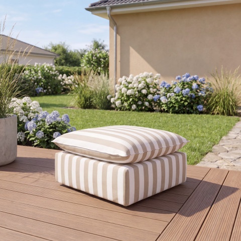 Beżowa pufa ogrodowa Marvella w pasy - tkanina outdoor 80x80