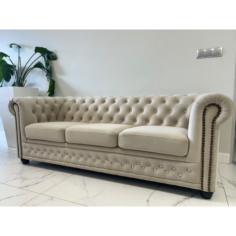 Beżowa sofa pikowana FELIX BLINK z kryształkami w stylu Chesterfield